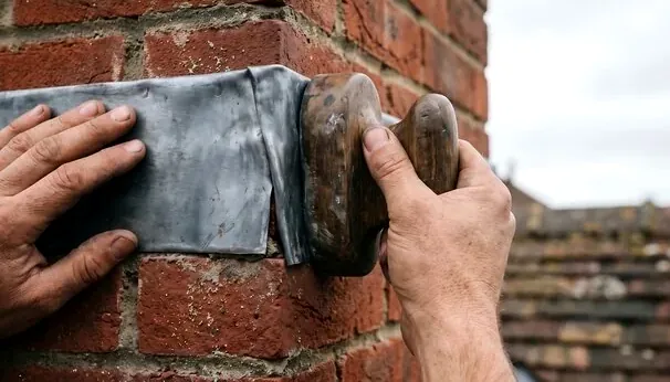 Sealing new flashing where a chimney meets the roof in Seacliff