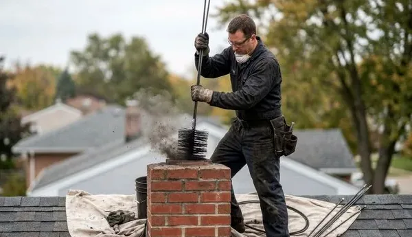 Chimney sweep working from a Fountain Valley roof