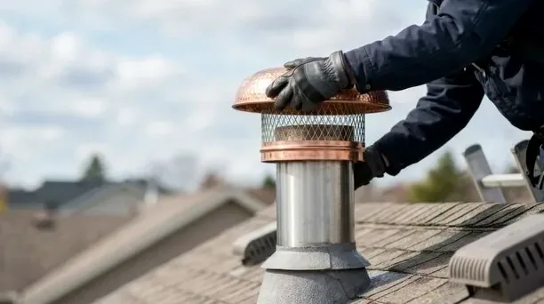 Marine-grade metal cap being fitted over a chimney flue