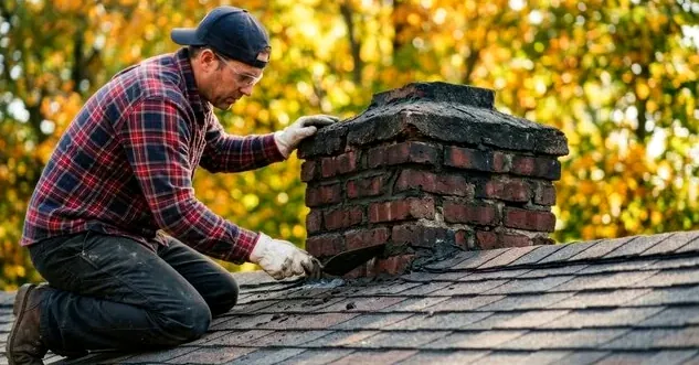 Mason rebuilding a weathered brick chimney crown on a Huntington Beach rooftop