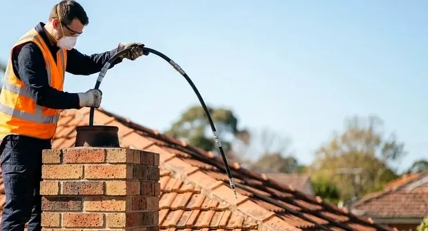 Stainless steel liner lowered into a chimney from a Huntington Beach roof