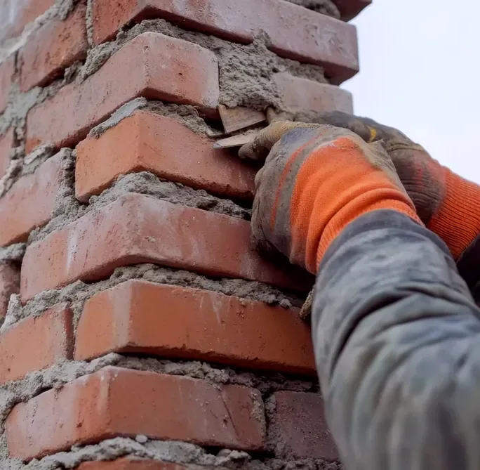 Mortar being pressed into worn joints of a brick chimney